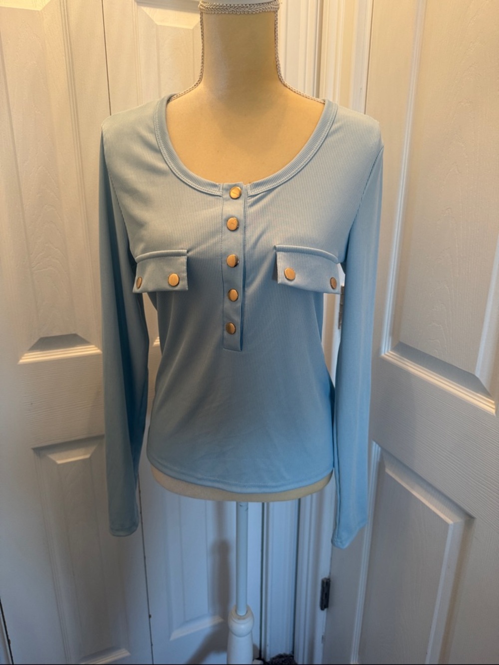 Light Blue Long-Sleeve Button Pocket Ribbed Top